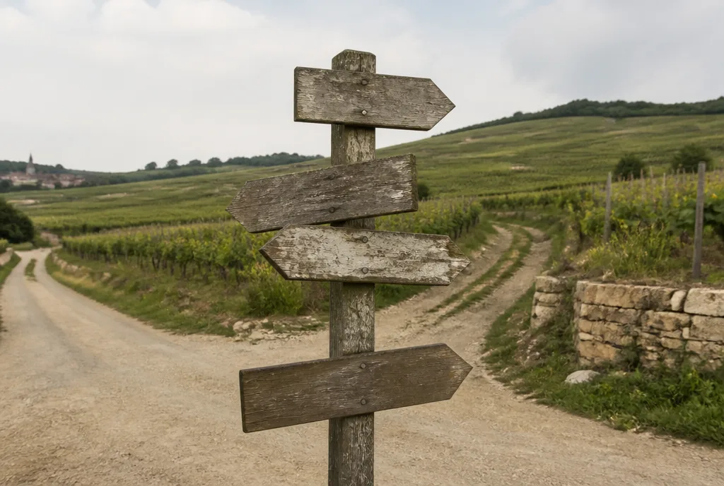 Wooden directional sign at the crossroads of a wine path in Aube, Champagne Philippe Fourrier