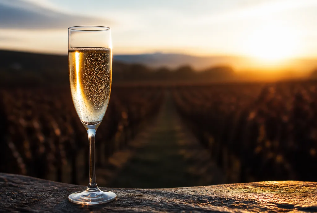 Flûte de Champagne Blanc de Noirs devant les rangs de vigne de Pinot Noir au coucher du soleil, Champagne Philippe Fourrier