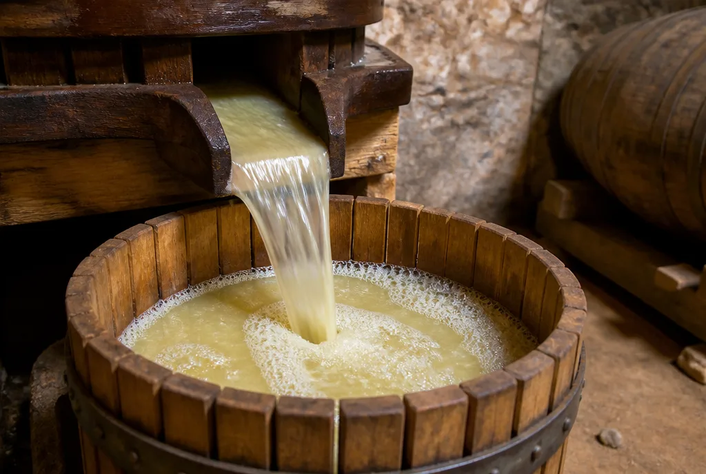 Fresh grape must flowing into a traditional press for the production of ratafia champenois, Champagne Philippe Fourrier