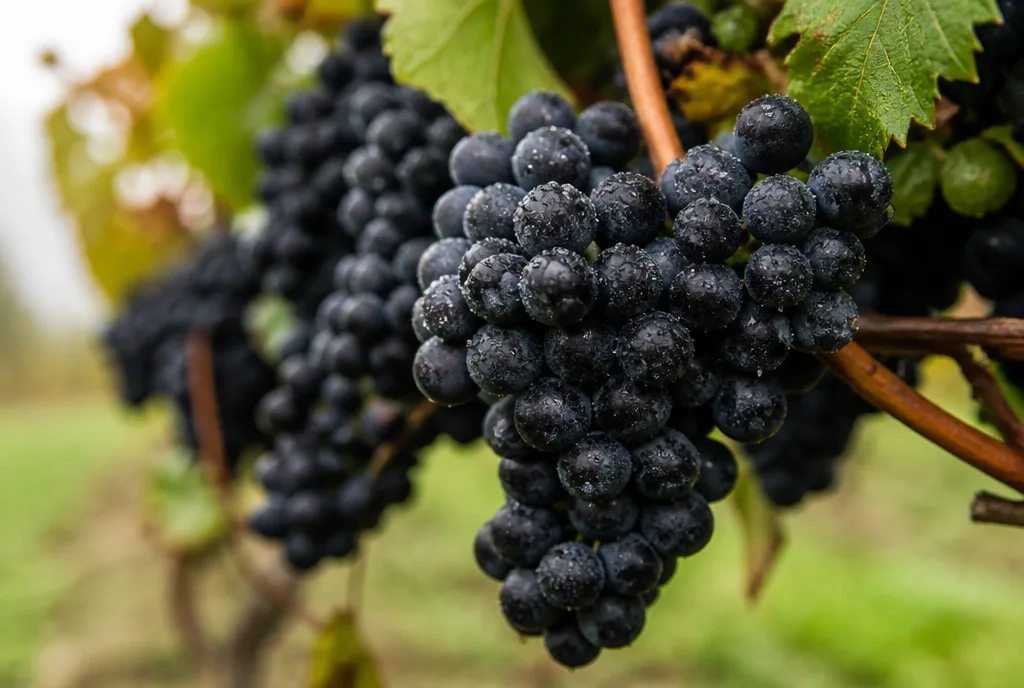 Ripe Pinot Noir grapes on the vine, used to make Blanc de Noirs Champagne at Champagne Philippe Fourrier