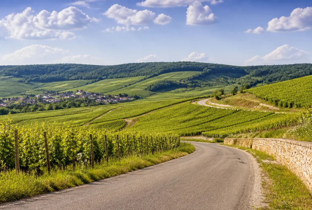 Route sinueuse traversant les vignes de la Côte des Bar sur la route touristique du Champagne, Champagne Philippe Fourrier