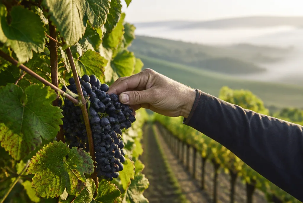 Main cueillant une grappe de Pinot Noir dans le vignoble de Champagne Philippe Fourrier à Baroville