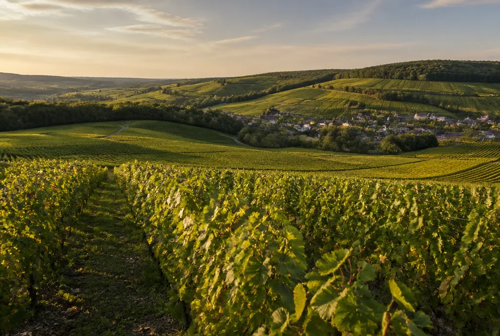 Coteaux de vignes de la Côte des Bar au coucher du soleil avec un village viticole de l'Aube, Champagne Philippe Fourrier